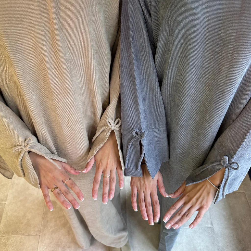 Bowknot Decorations Corduroy Abaya Muslim Women Dress O Neck Side Pockets Warm Loose Modest Islam Hijabi Robe Ramadan Autumn