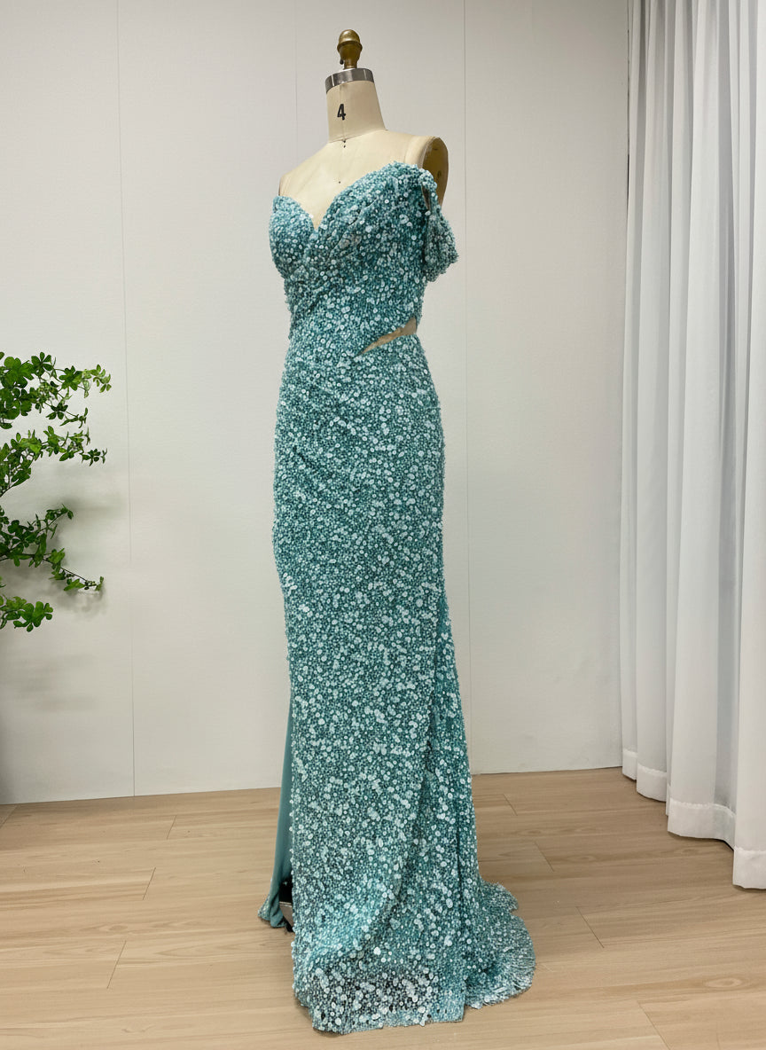 MYMB Elegant Blue Green Mermaid Gowns With High Split Sequin Formal Dresses Ruched Detailing Beading Natural Waistline MY30172