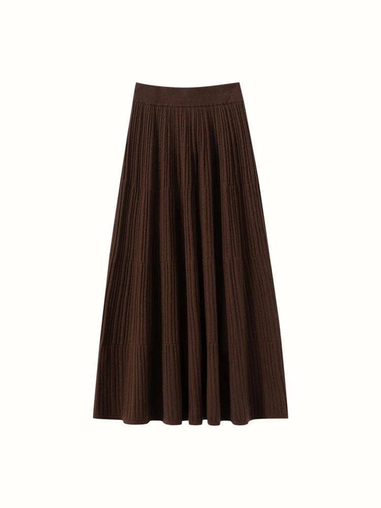 100% Cashmere Knitted Skirt Autumn Winter Women Elegant Tiered Pleats Slim A-line High Waisted Soild Office Lady Dress High-end