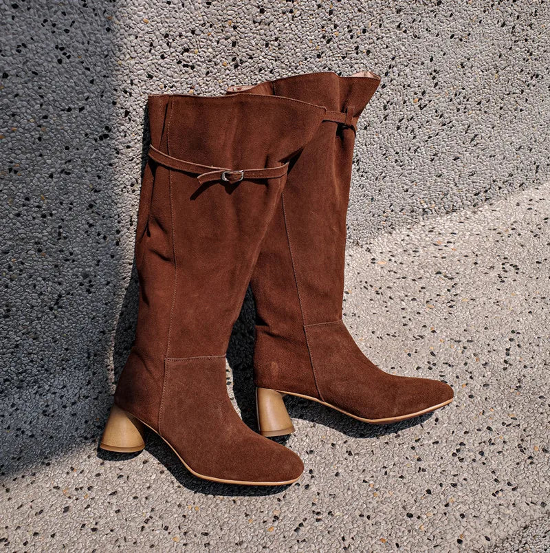 Women's Suede Over The Knee Boots Buckle Strap Design Chunky Heel Elegant Boot Chunky Heel Autumn Casual Ladies Retro Botas