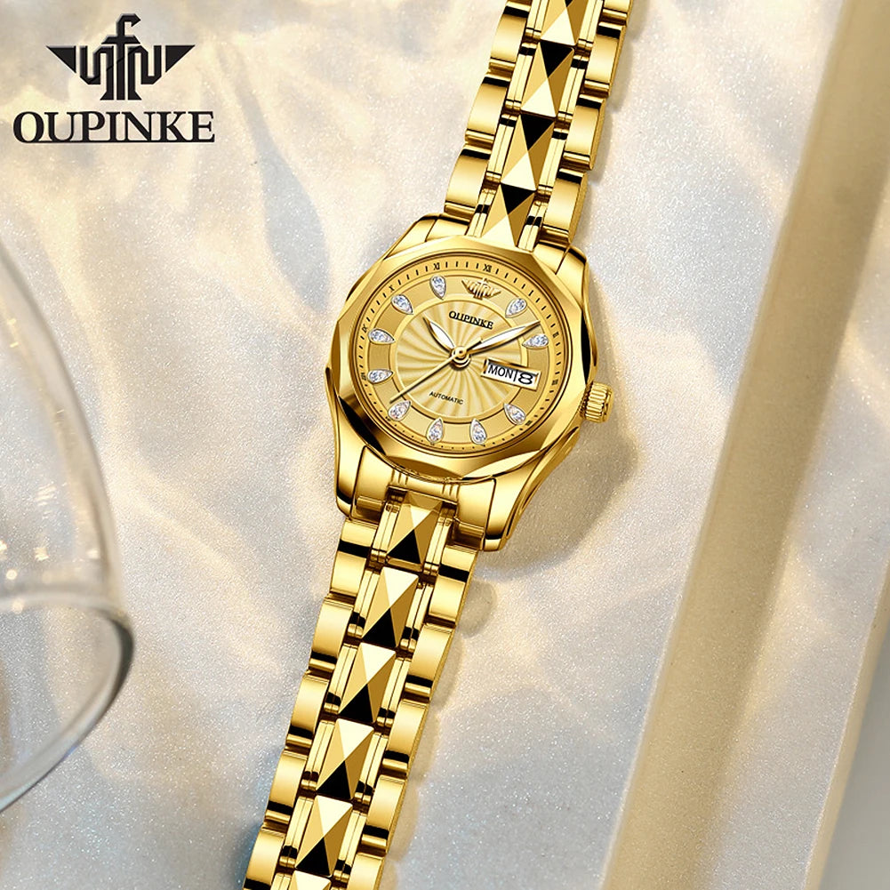OUPINKE 3172 Fashion Simple Women Watch Gold Luxury Automatic Movement Mechanical Watch Business Calendar Elegant Women Watch