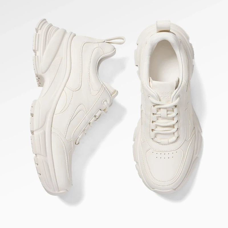 Europe Style White Elevated Shoes for Women's Casual Sports Daddy Shoes Breathable Genuine Leather Thick-soled Heightening Shoes