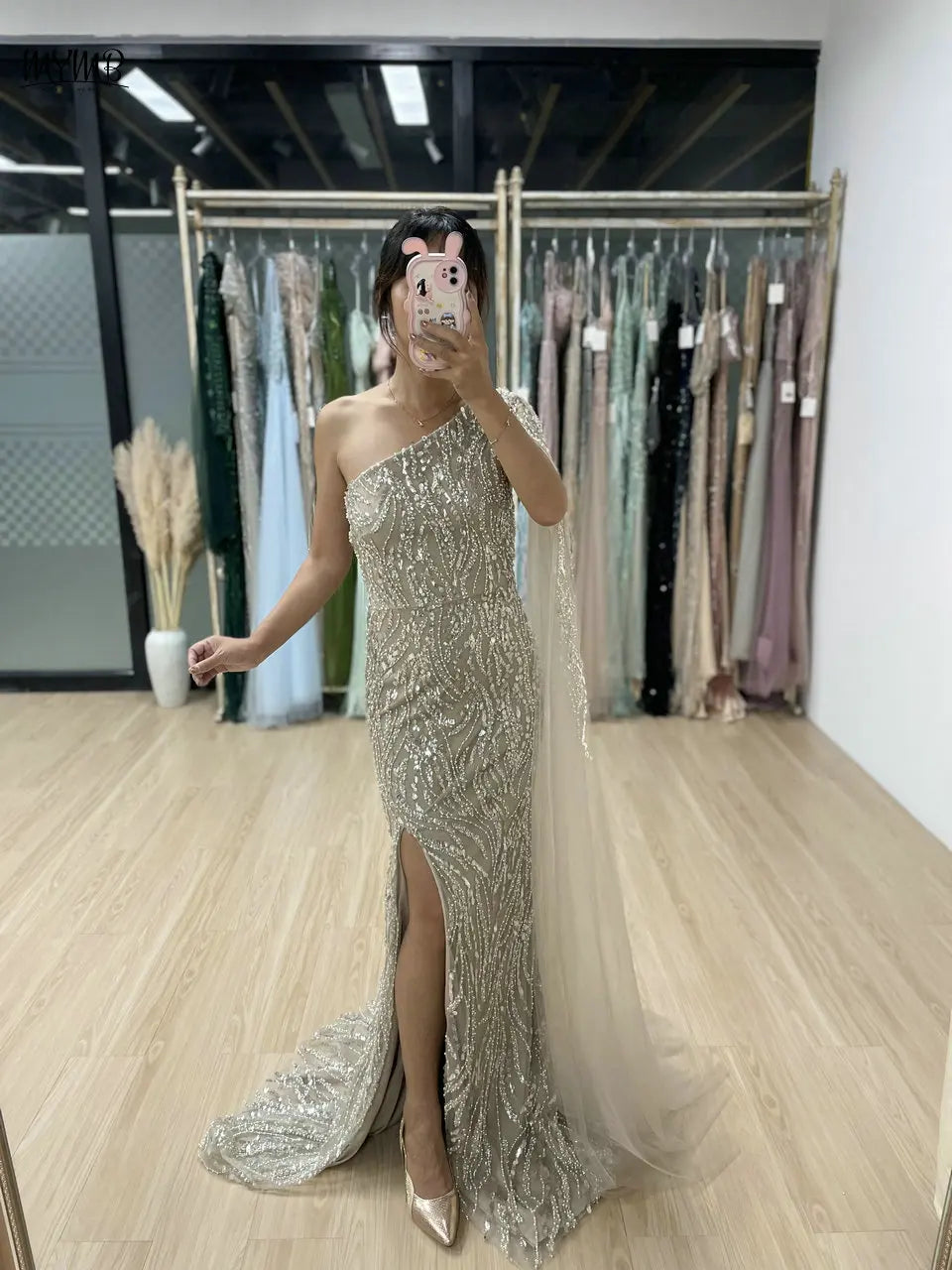 MYMB Champagne Amazing Beaded One Shoulder Mermaid Formal Occasion Dresses Sexy Cape Sleeve Evening Gowns with Side Split Y30023
