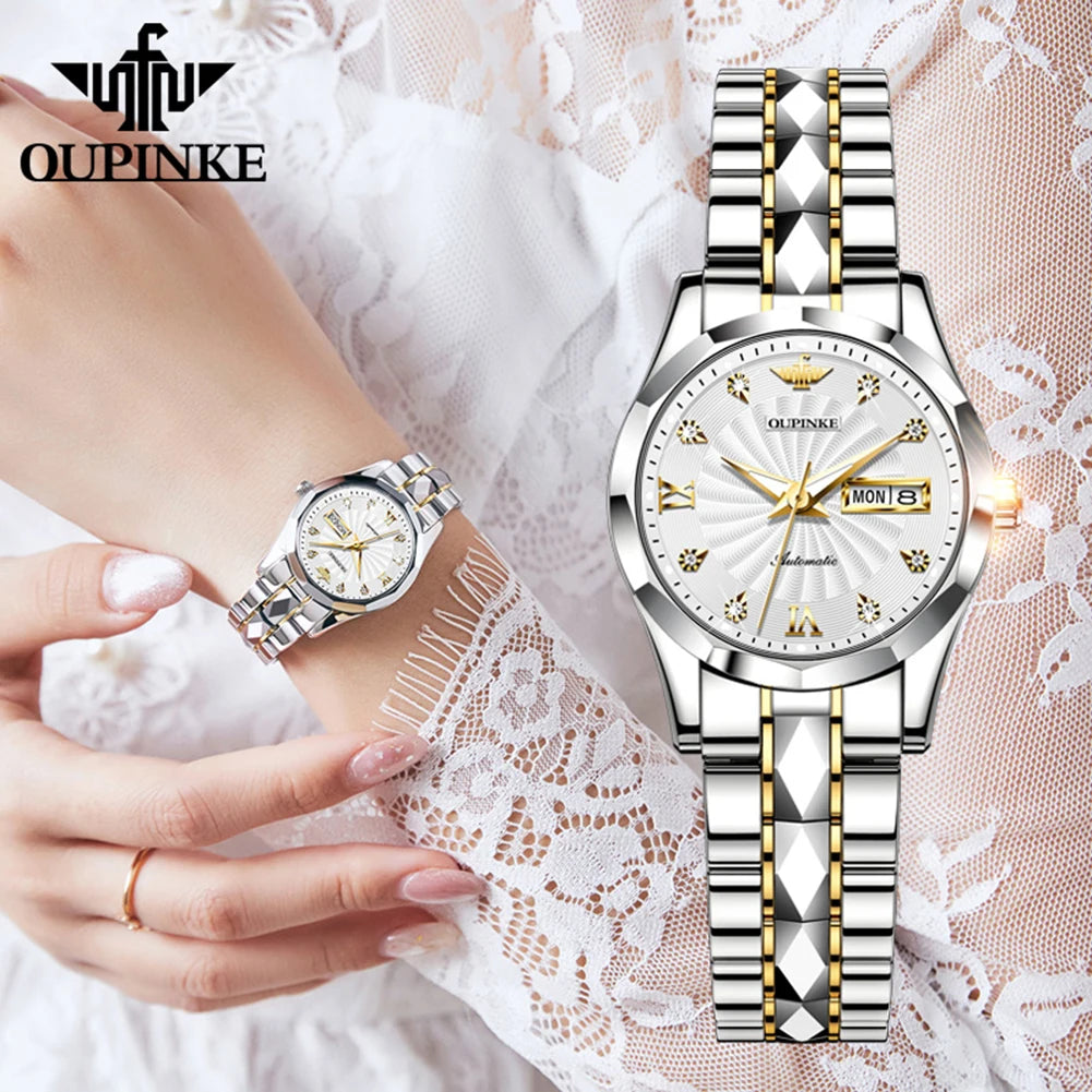 OUPINKE 3169 Woman Automatic Watch Dual Calendar Business Mechanical Watch For Women Fashion Original Waterproof Hand Clock