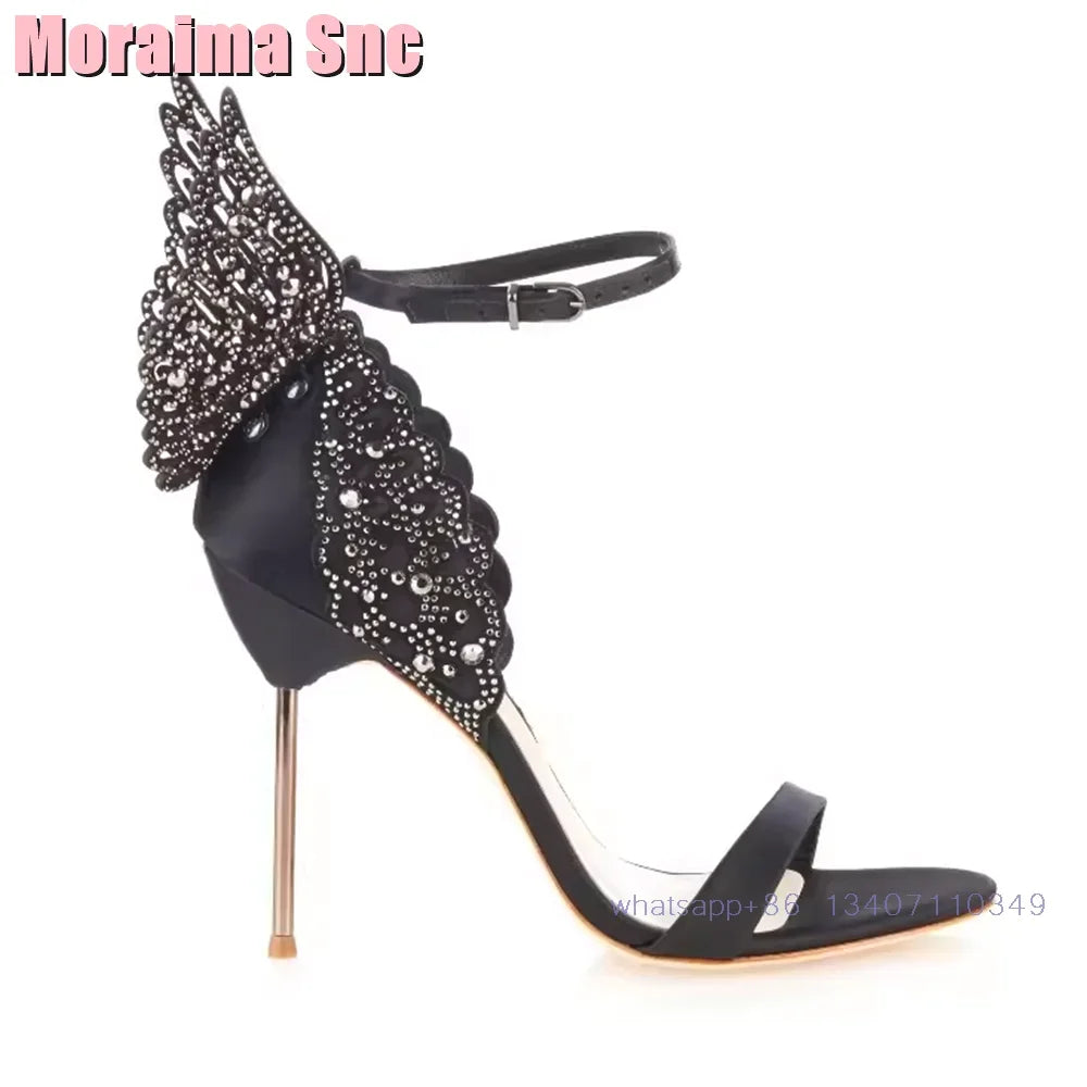 2025 New Back Butterfly Decor Wedding Shoes Bridal Sandals Stiletto High Heel Round Toe Ankle Buckle Bling Dress Shoes Banquet