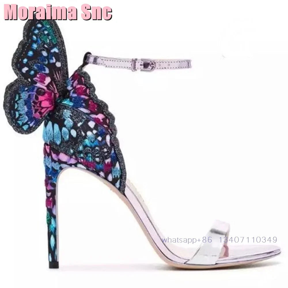 2025 New Back Butterfly Decor Wedding Shoes Bridal Sandals Stiletto High Heel Round Toe Ankle Buckle Bling Dress Shoes Banquet