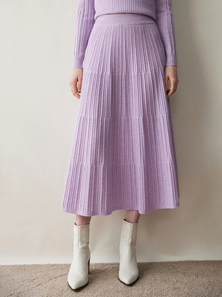 100% Cashmere Knitted Skirt Autumn Winter Women Elegant Tiered Pleats Slim A-line High Waisted Soild Office Lady Dress High-end