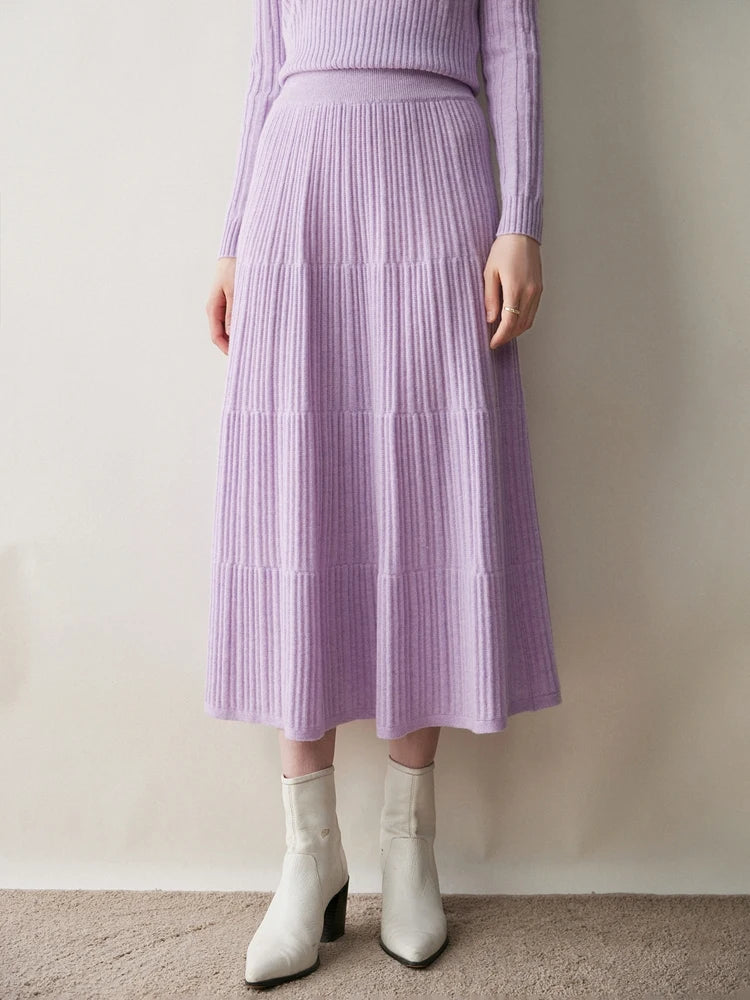 100% Cashmere Knitted Skirt Autumn Winter Women Elegant Tiered Pleats Slim A-line High Waisted Soild Office Lady Dress High-end