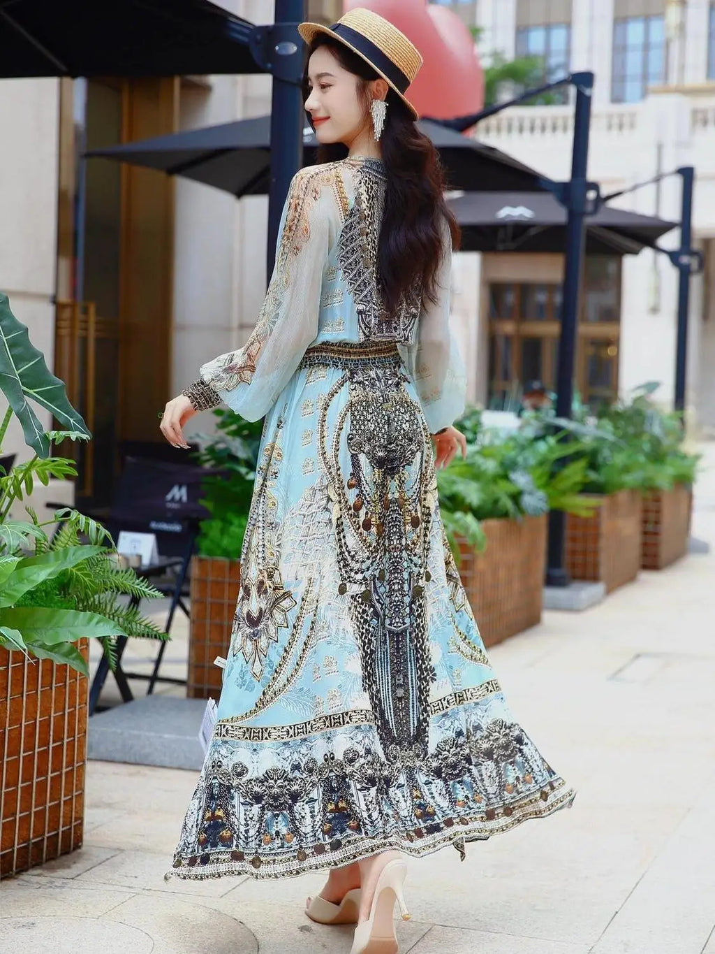 Spring Autumn New V-neck Long Sleeve Fashion Maxi Dress Women High Street Vintage Printing Dresses Elegant All-match Vestidos