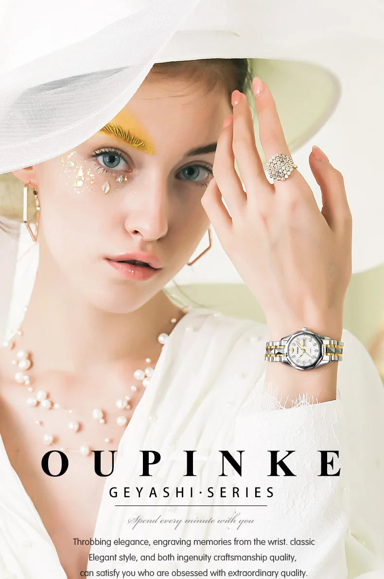 OUPINKE 3172 Fashion Simple Women Watch Gold Luxury Automatic Movement Mechanical Watch Business Calendar Elegant Women Watch