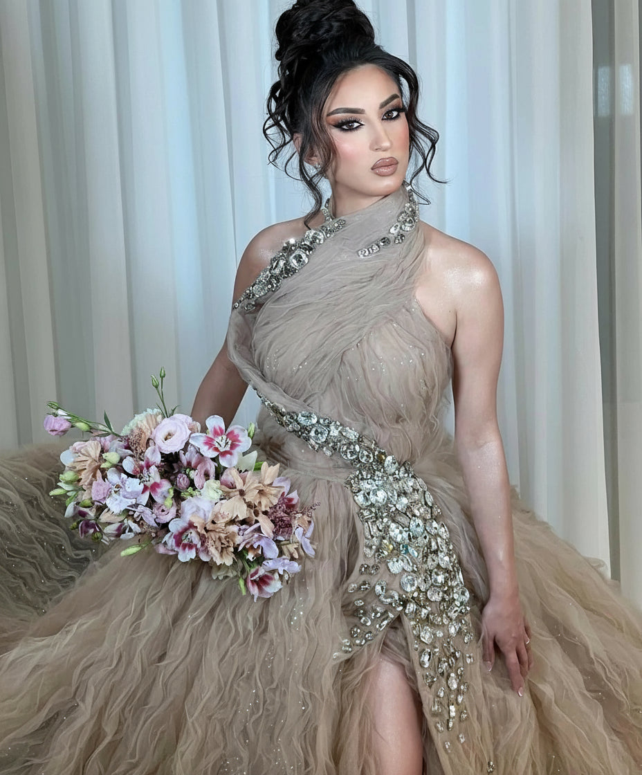 Light Brown Luxury Celebrity Dresses With Side Slit Elegant Red Carpet Runway Dresses Evening Gowns Vestidos De Noche Customized