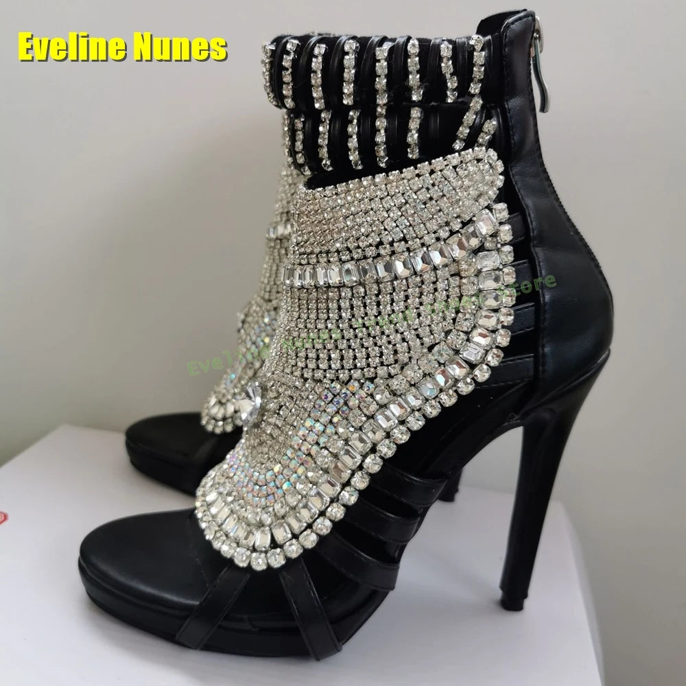 Luxury Blingbling Crystal Stiletto Sandals Open Toe Ankle Strap Patchwork Heavy Work Women Fashion Shoes Street Style Party 2025