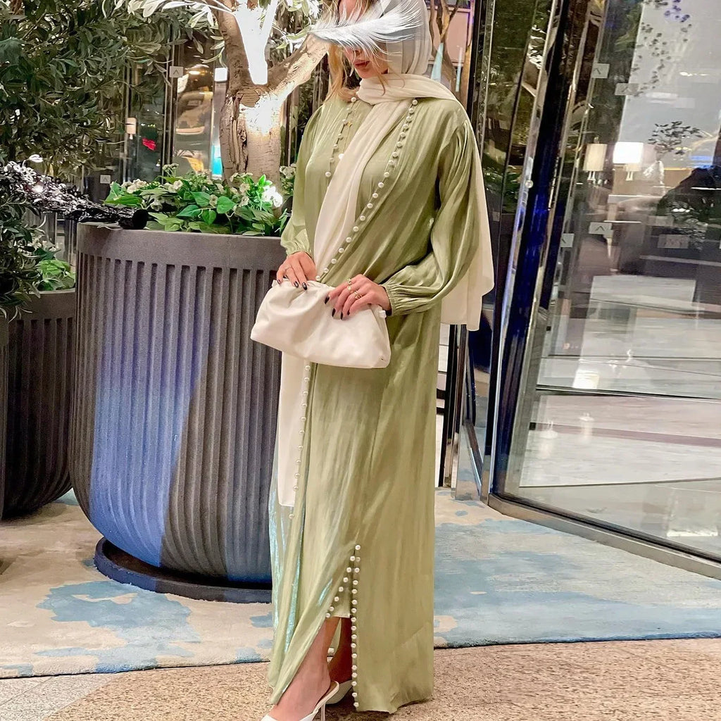 2025 Caftan Muslim Abaya Women Dress 2 Piece Set Abayas Gowns Dubai Arabic Silk Satin Kimono Cardigan Robe Outwear Autumn