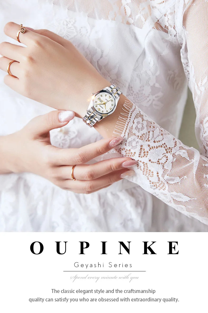 OUPINKE 3169 Women Watch Luxury Elegant Stainless Quartz Wristwatch Waterproof Luminous Ladies Date Fashion Watch Dual Calendar