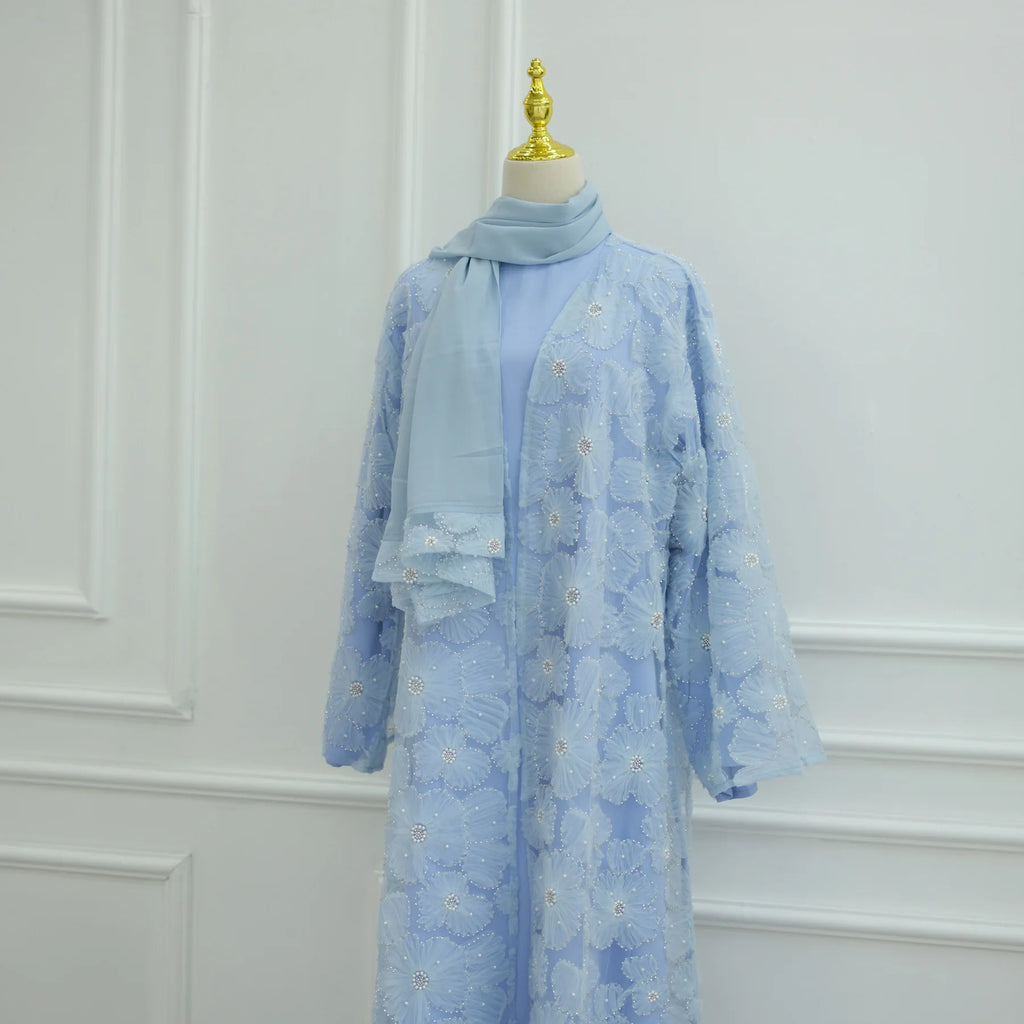 Luxury Dubai Lace Beads Cardigan Muslim Sets Women Hijab Abaya Kimono Jalabiya Ramadan Turkey Kaftan Robe Islam Clothing Caftan