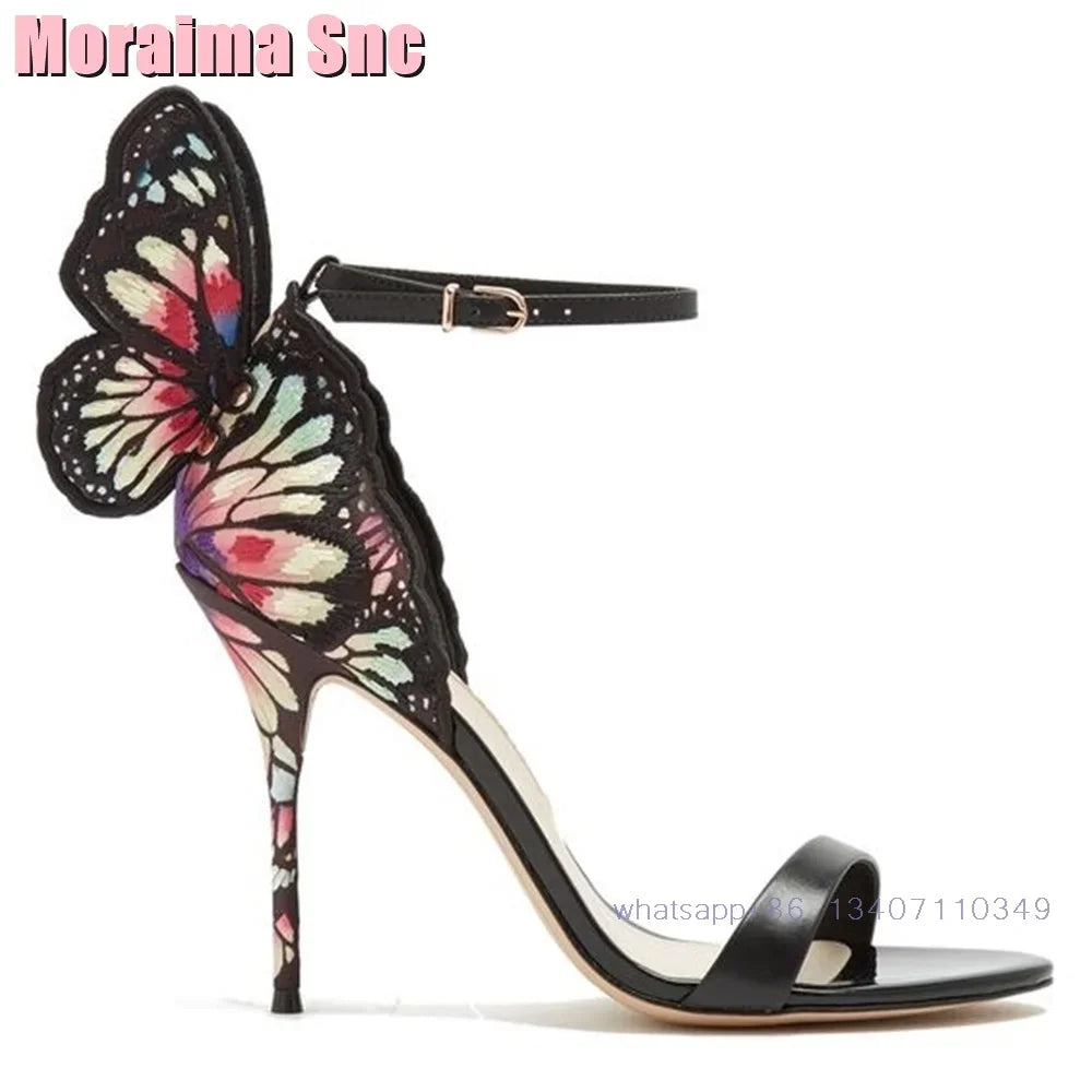 2025 New Back Butterfly Decor Wedding Shoes Bridal Sandals Stiletto High Heel Round Toe Ankle Buckle Bling Dress Shoes Banquet