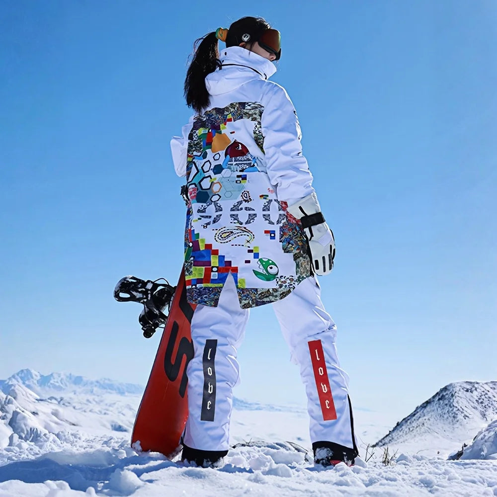 New Women's Waterproof Ski Suit Set Winter Sports Unisex White Clothes Fashion Print Snow Jacket Adjustable Shoulder Strap Pants