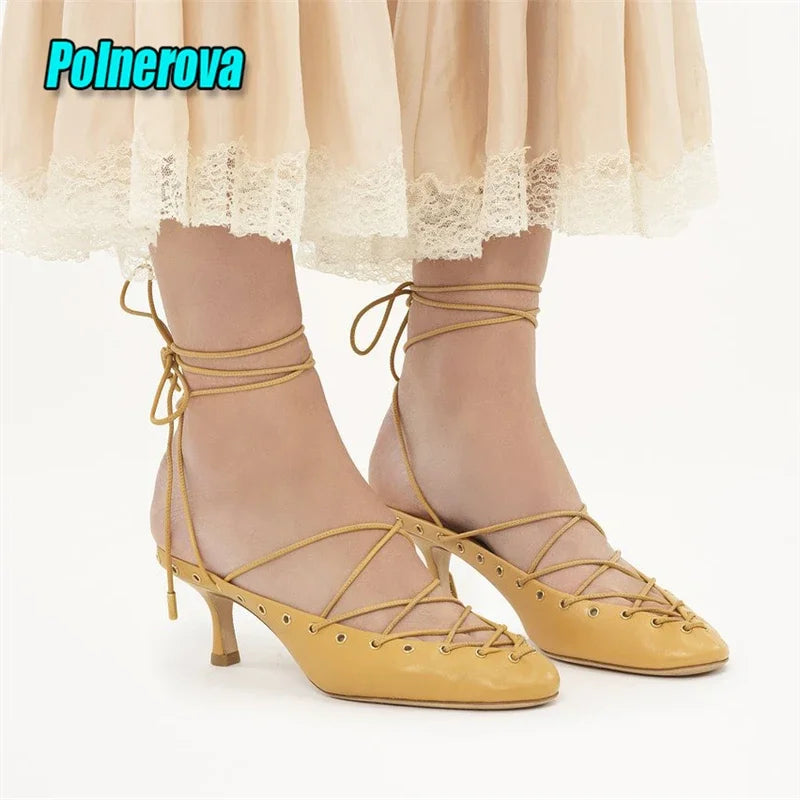 Sexy Cross Strap Women's Sandals Solid Color Round Toe Ankle Lace-up Kitten Heel Pumps Summer Elegant Comfort Casual Flat Shoes