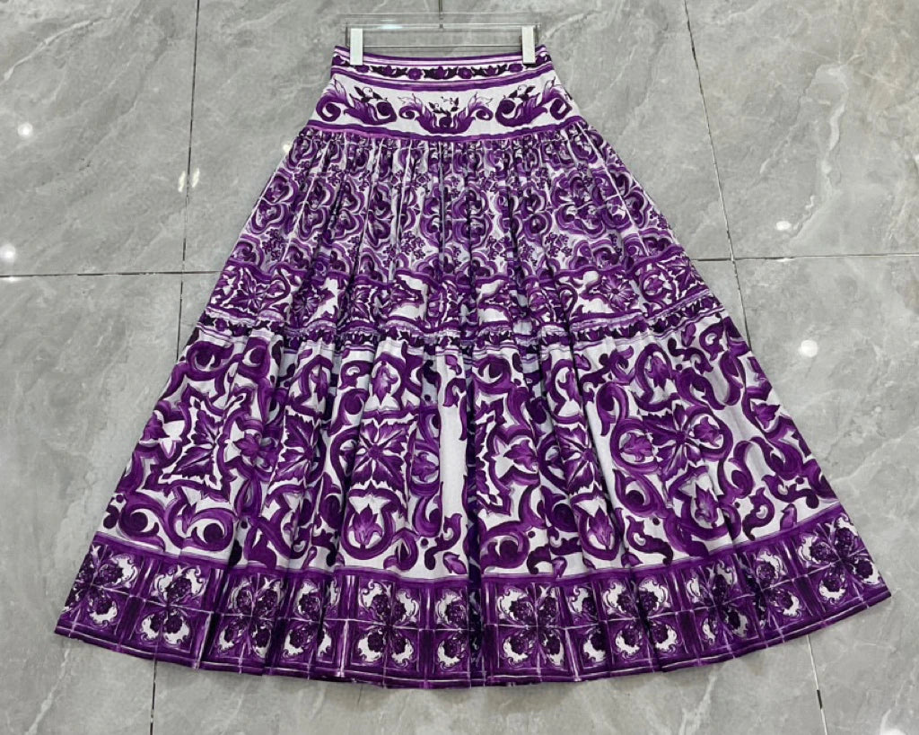 2025 New fashion 100% cotton skirt purple floral ceramics letter print pleated skirt for women female