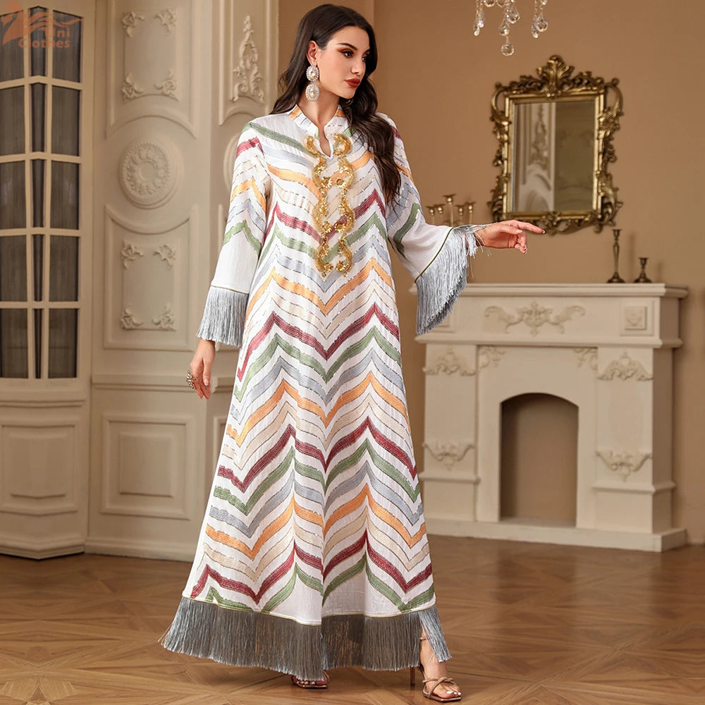 Ramadan Ethnic Saudi Women Abaya Elegant Embroidery Tassels Kaftan Clothing Jalabiya Moroccan African Dress 2025