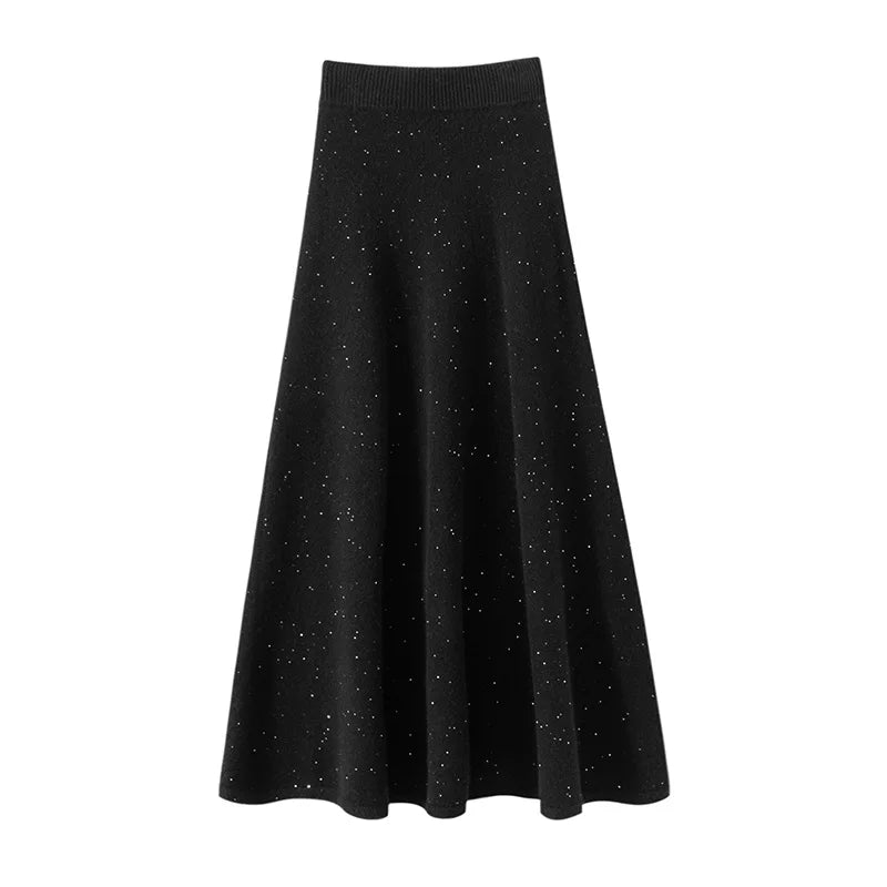 Luxury Women 100% Cashmere  Skirt Autumn Winter Thick Vintage Simple Style Sequined Umbrella Skirt Soft Warm  Knitted Skirt