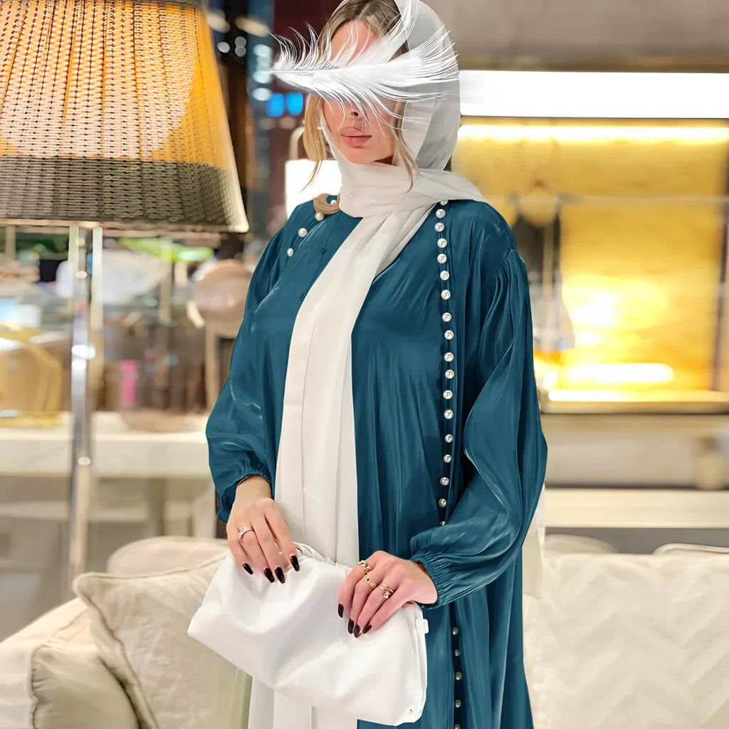 2025 Caftan Muslim Abaya Women Dress 2 Piece Set Abayas Gowns Dubai Arabic Silk Satin Kimono Cardigan Robe Outwear Autumn