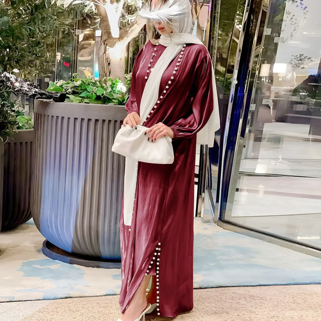 2025 Caftan Muslim Abaya Women Dress 2 Piece Set Abayas Gowns Dubai Arabic Silk Satin Kimono Cardigan Robe Outwear Autumn