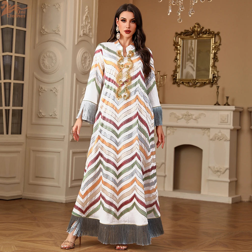 Ramadan Ethnic Saudi Women Abaya Elegant Embroidery Tassels Kaftan Clothing Jalabiya Moroccan African Dress 2025