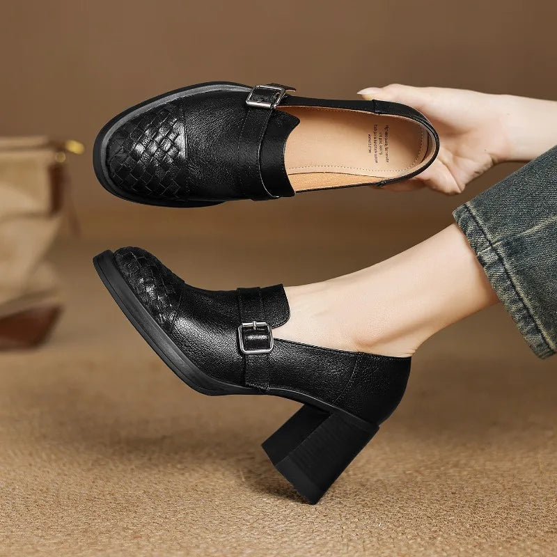 Women Genuine Leather Pumps Solid Color Fashion Simple Elegant All Season Daily Wear High Heels ≥5cm