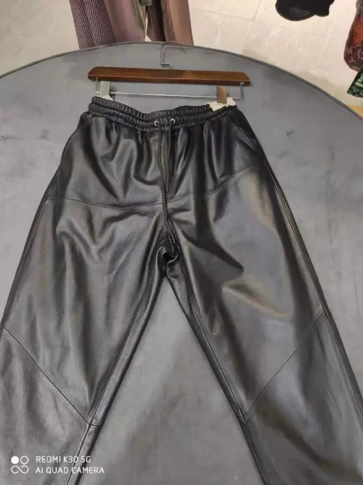 Genuine Leather Pantalon Pour Femme Sheepskin Elastic Waist Drawstring Black/Gray Cropped Trousers Straight Leg Pencil Pants