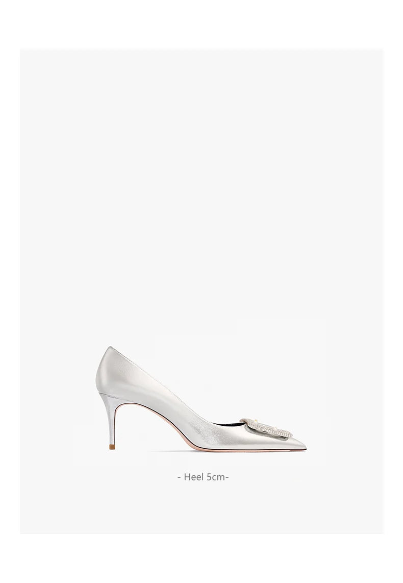 Silver Women Pumps Soft Comfortable Ladies High Heels Pointed Toe with Square Rhinestones Buckle Size 43 Wedding Shoes