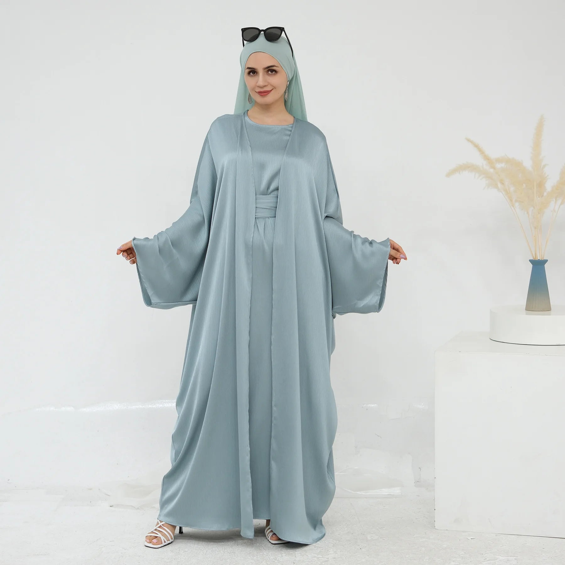 Ramadan Muslim Women 2 Piece Set Party Dresses Abaya Eid Jalabiya Sashes Morocco Dubai Kaftan Cardigan Robe Kimono Kebaya Caftan