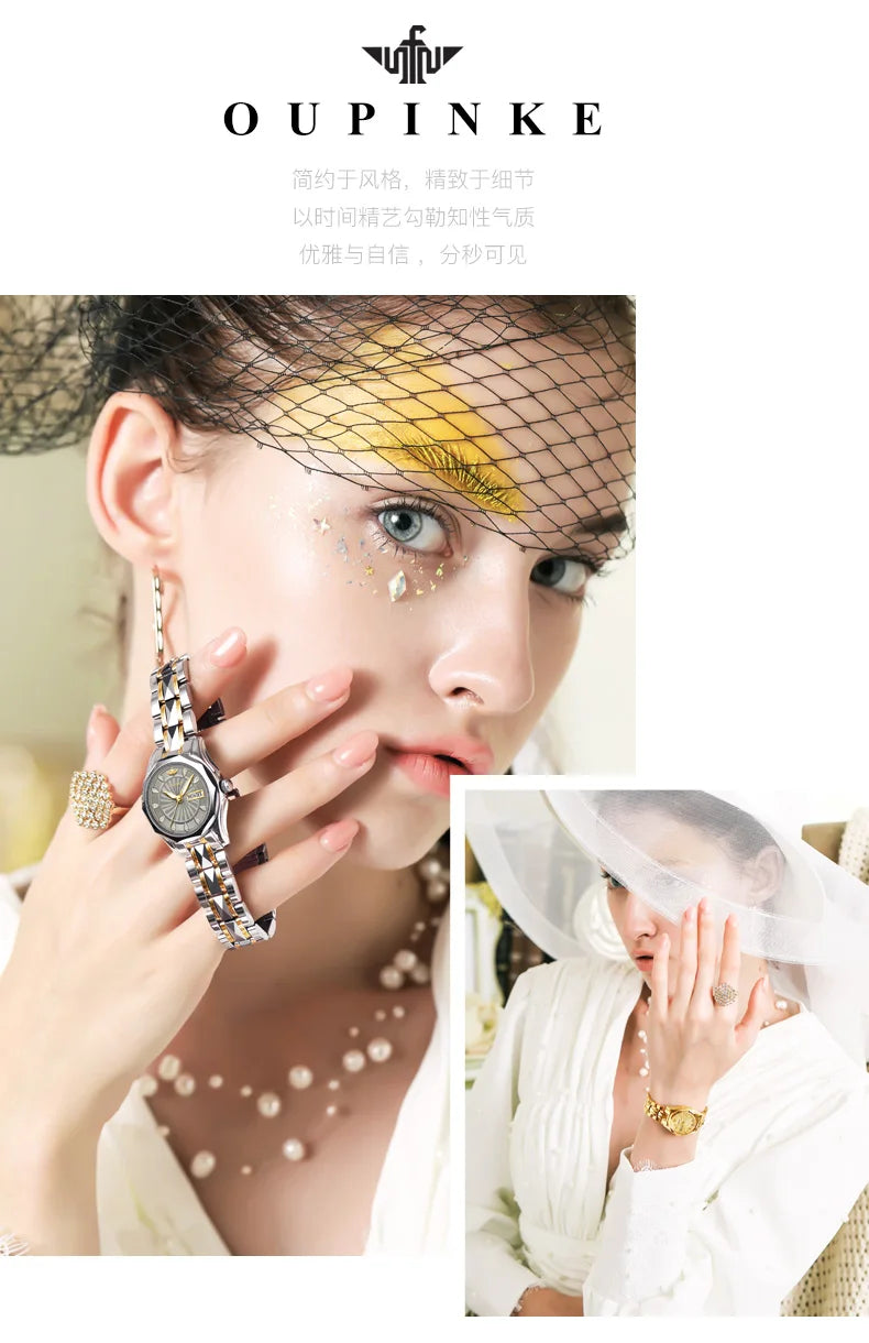 OUPINKE 3172 Fashion Simple Women Watch Gold Luxury Automatic Movement Mechanical Watch Business Calendar Elegant Women Watch