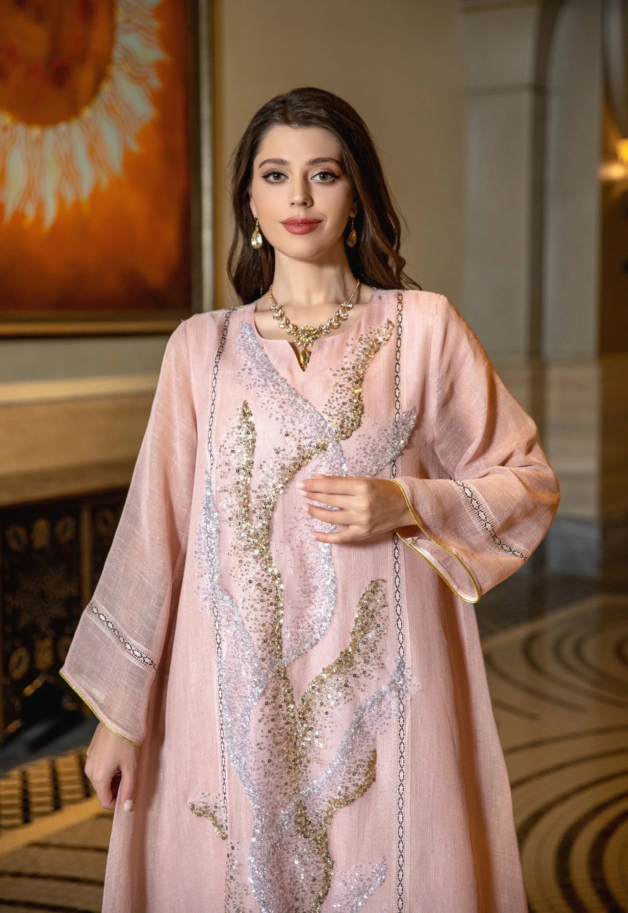 Middle East New White Mesh Bead Embroidery Muslim Dress Dubai Saudi Arabia Light Luxury Temperament Robe