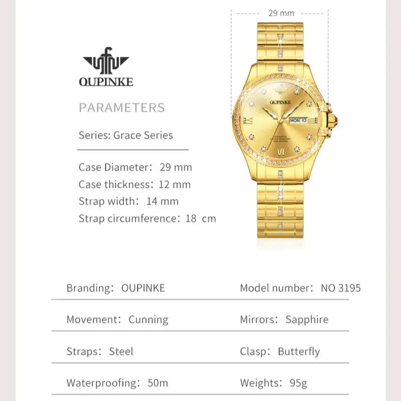 OUPINKE 3195 Japan Imported Automatic Movement Mechanical Watch for Women Diamond Ladies Watch Waterproof Dual Calendar Watch