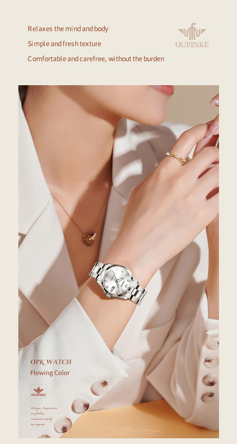 OUPINKE 3199 Real Diamond Swiss Automatic Watch for Women Original Top Brand Mechanical Women's Watches Luxury Ladies Wristwatch