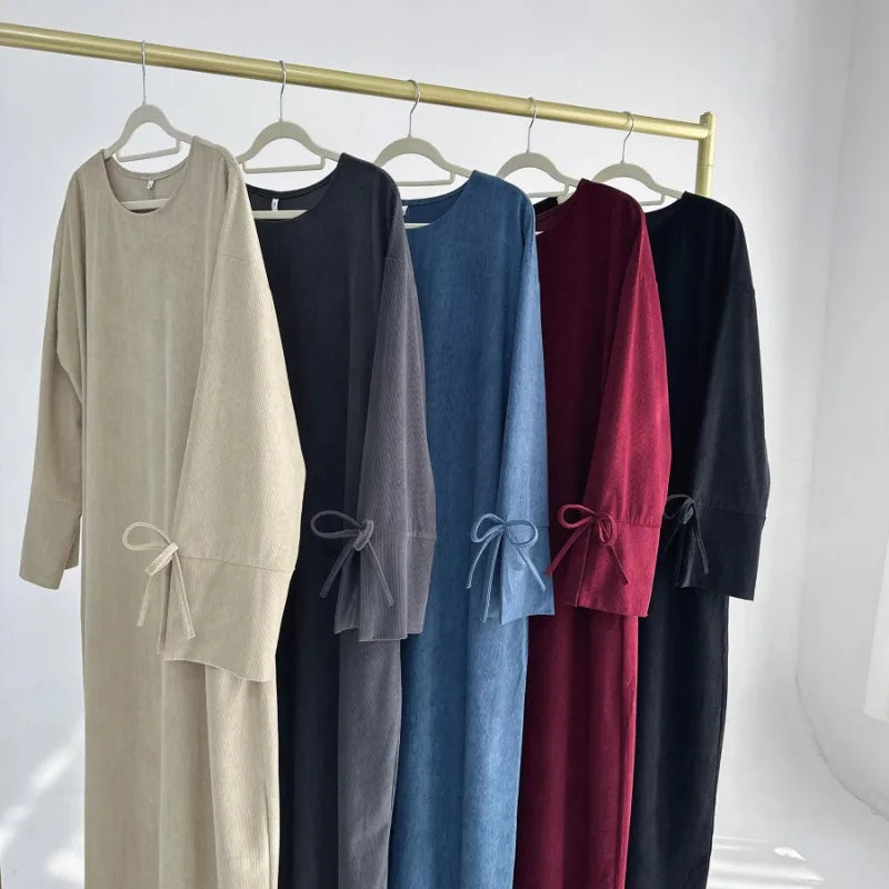 Bowknot Decorations Corduroy Abaya Muslim Women Dress O Neck Side Pockets Warm Loose Modest Islam Hijabi Robe Ramadan Autumn