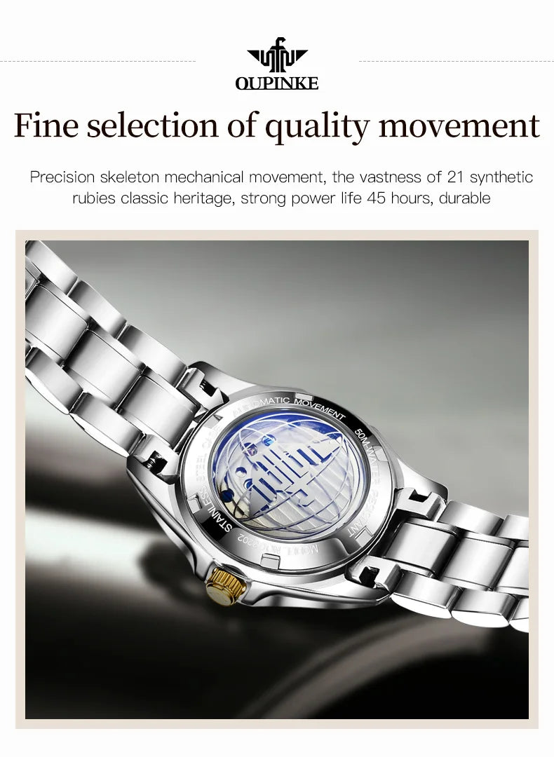 OUPINKE 3202 Women Watch Original Tungsten Steel Moon Phase Waterproof Watch Luxury Swiss Brand Women Automatic Mechanical Watch