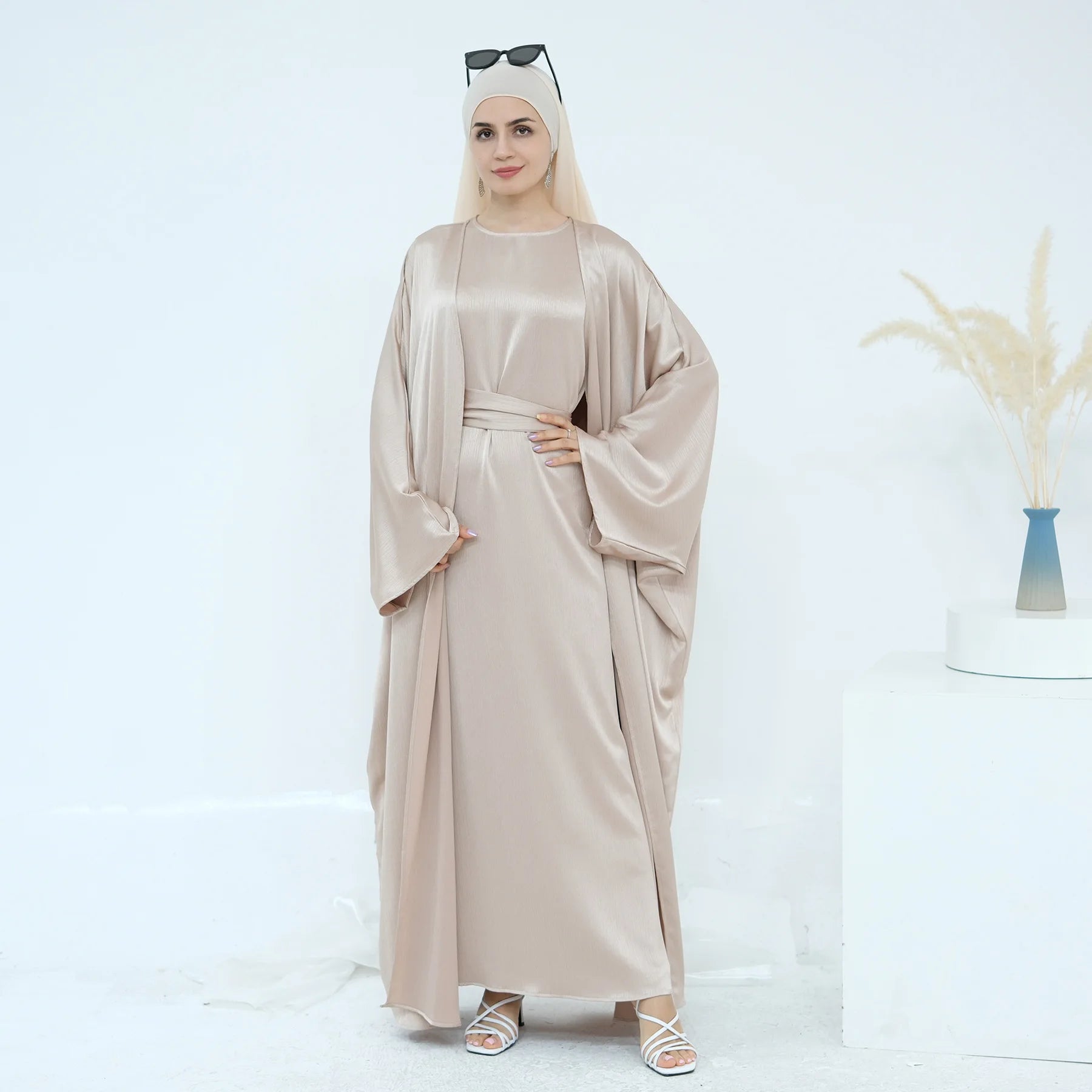 Ramadan Muslim Women 2 Piece Set Party Dresses Abaya Eid Jalabiya Sashes Morocco Dubai Kaftan Cardigan Robe Kimono Kebaya Caftan