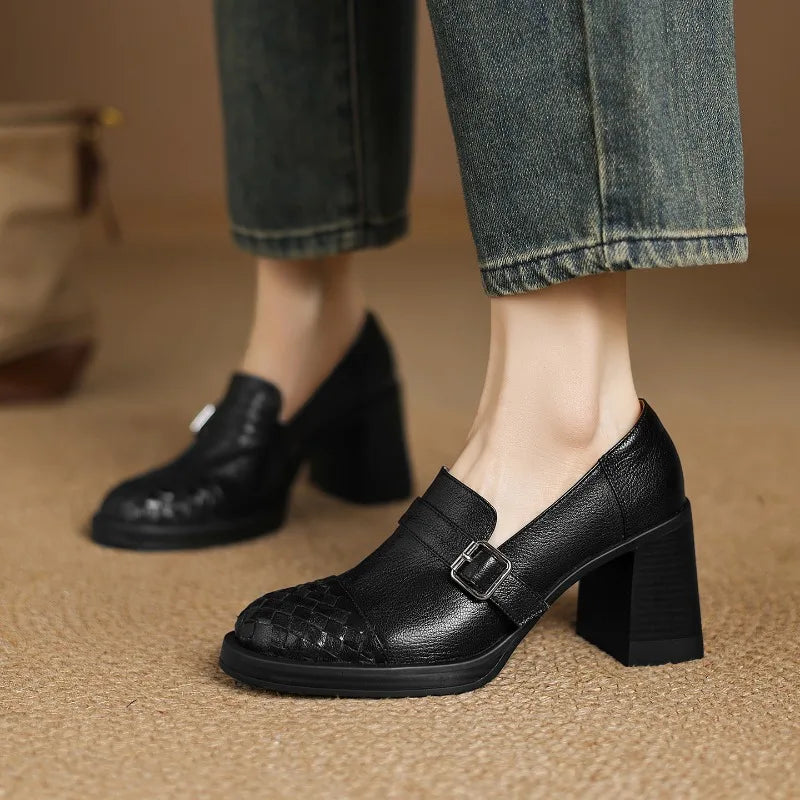 Women Genuine Leather Pumps Solid Color Fashion Simple Elegant All Season Daily Wear High Heels ≥5cm