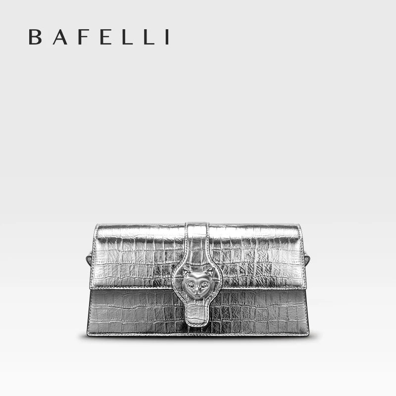 BAFELLI 2025 NEW WOMEN'S LUXURY BAGS CAT BRAND FASHION HANDBAG SILVER LEATHER CLUTCH STYLISH EVENING CASUAL PURSE HIGH QUALITY