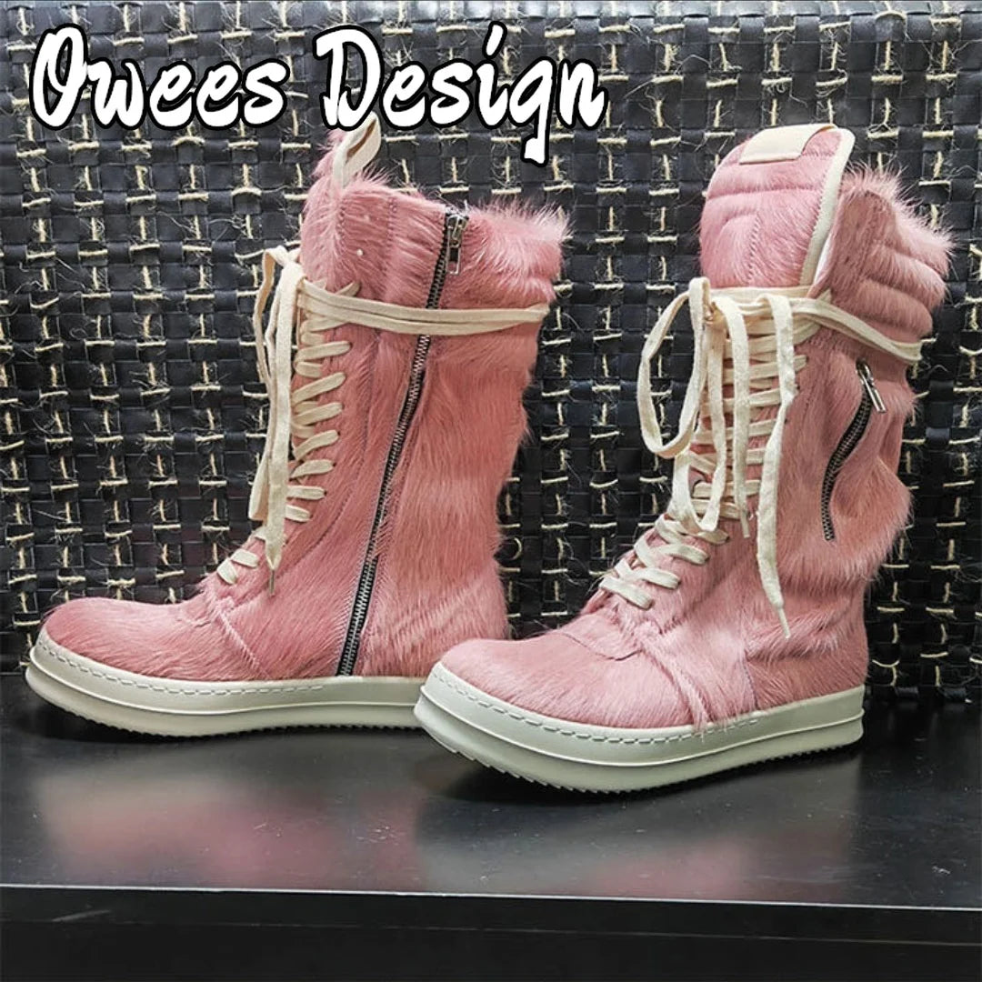 Men Horsehair Boots New Brand Shoes Women Genuine Leather High Top Zip Pockets Lace Up Shoes High Street Vintage Sneakers Unisex