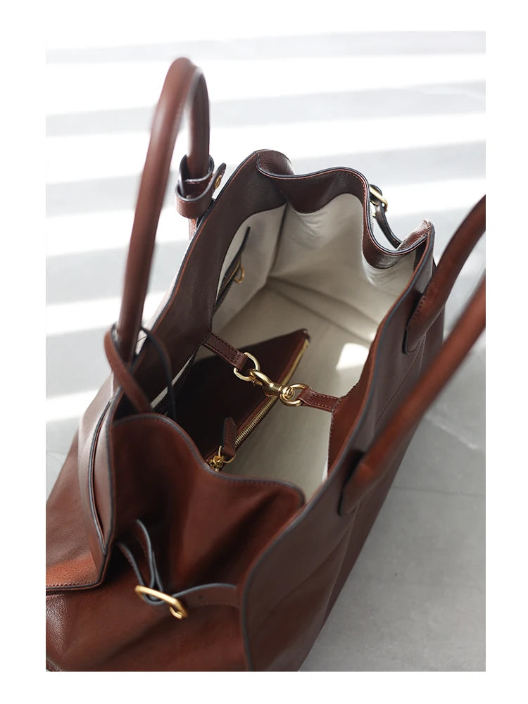 Women's Genuine Leather Large Capacity Tote Bag Female Retro Luxury Briefcase Vintage Cowhide Shoulder Handbag
