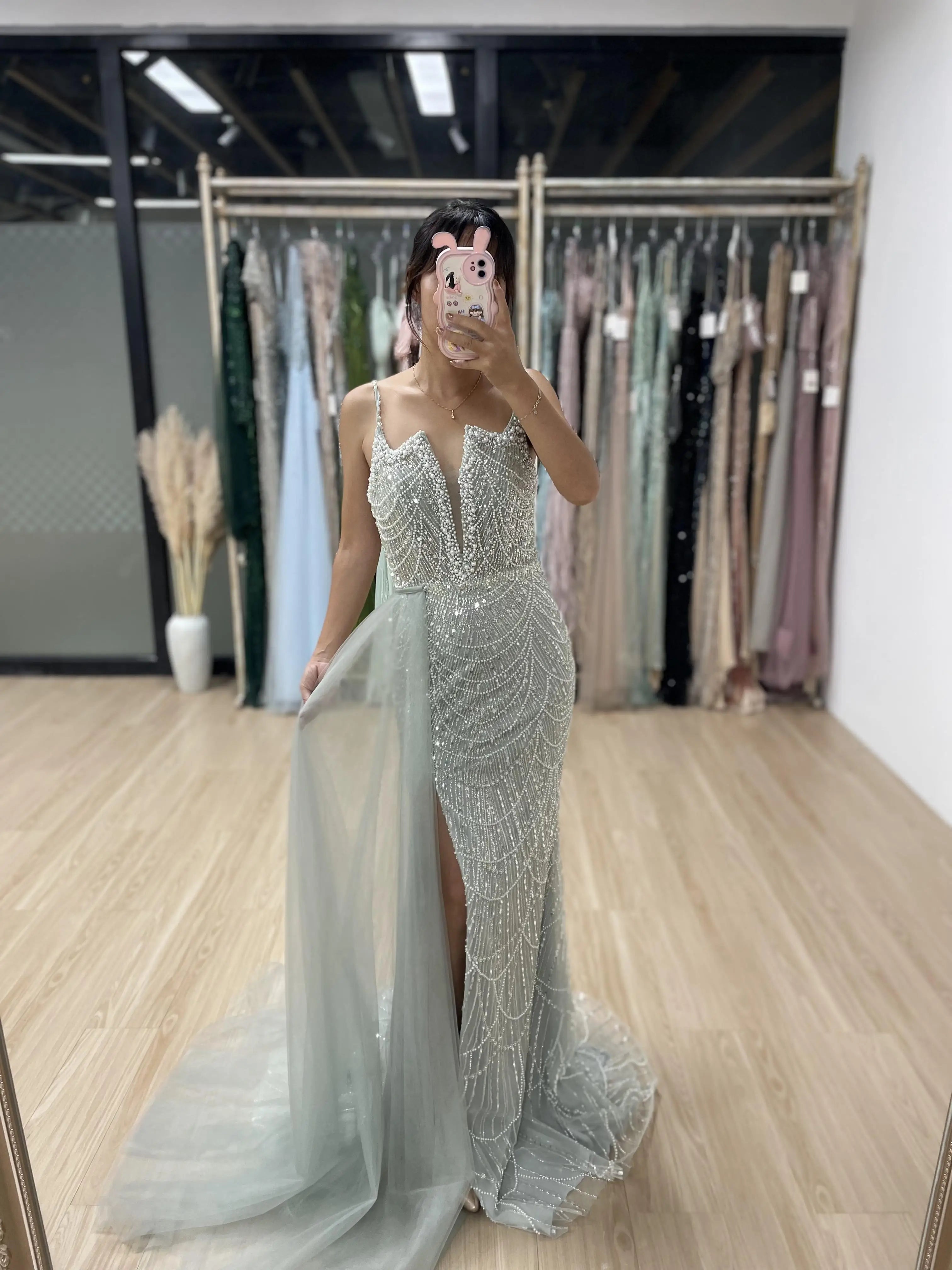 MYMB Pink Stunning Spaghetti Strap Side Split Evening Gowns for Women Party New Arrival Trendy Mermaid Tulle Beaded Evening Gown