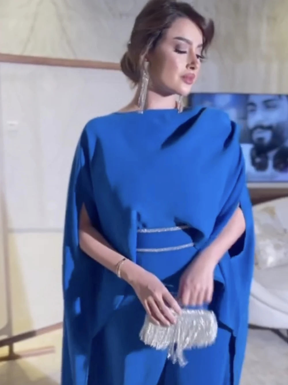 Modest Blue Jumpsuits Luxurious Crystals Prom Muslim High Quality Open Back Evening Dress Women Banquet Formal Occasions Wear