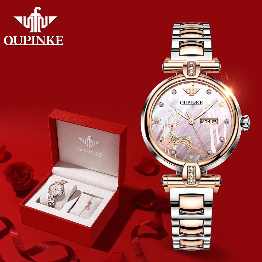 OUPINKE 3180 Luxury Brand Women Watch Original Automatic Mechanical Watch Calendar Elegant Women Dress Bracelet Watch Gift Box