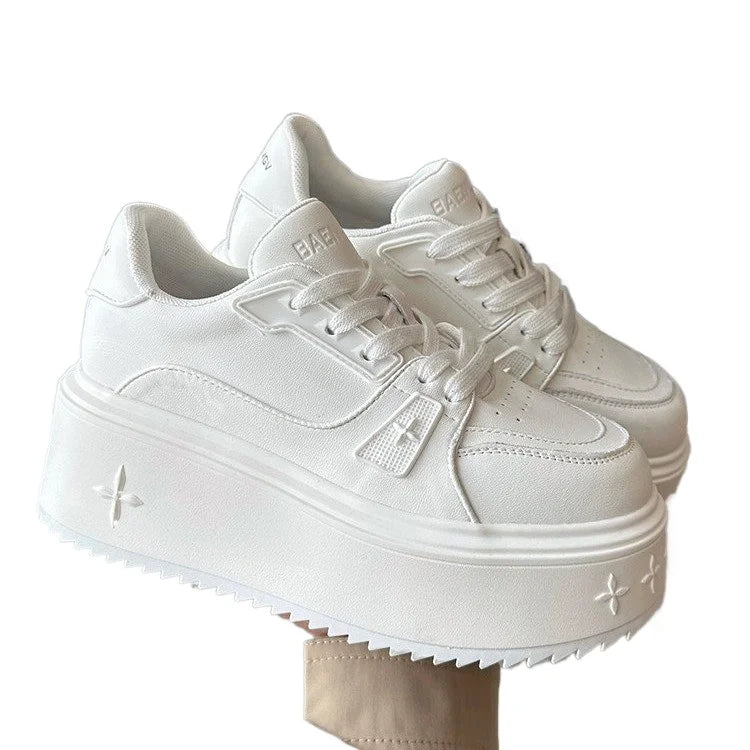 2025  Lightweight Sports  Genuine Leather Thick Bottom Women's Super High Heel Bread Shoes Versatile Height Casual Board Shoes