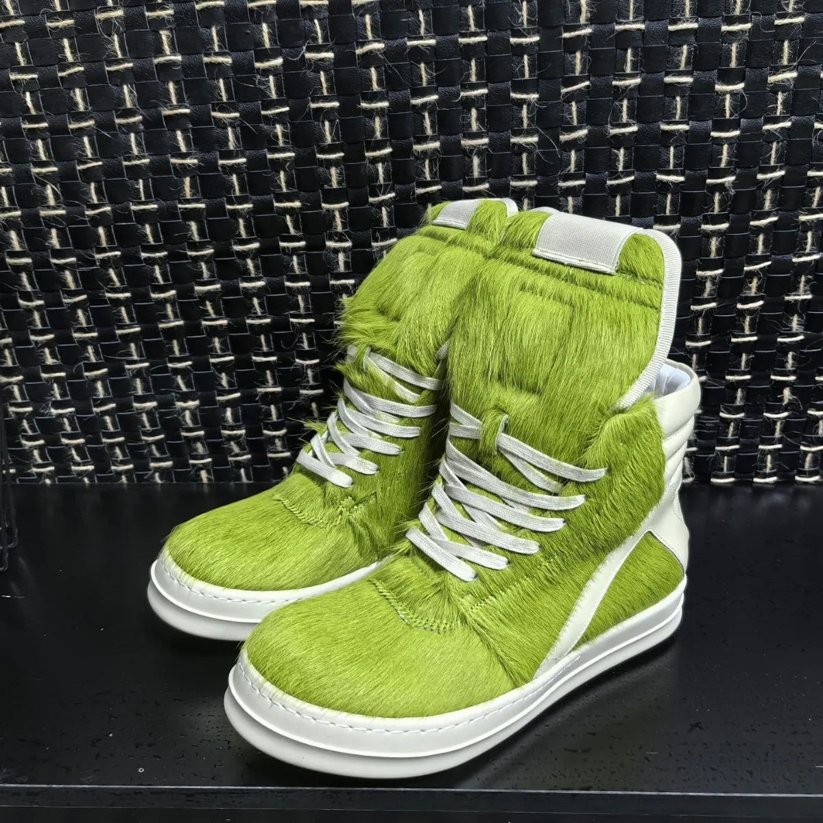 Men Boots For Women Green Horsehair Genuine Leather High Top Zip Lace Up Shoes Owens High Street Vintage Luxury Sneakers