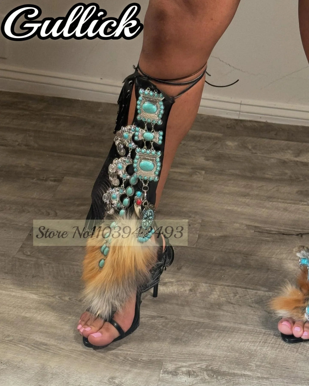 2025 Fur Heeled Sandals Fringe Gladiator Heels Blue Gem Decor Sandalias De Mujer Women Luxury Designer Shoes Summer New Zapatos