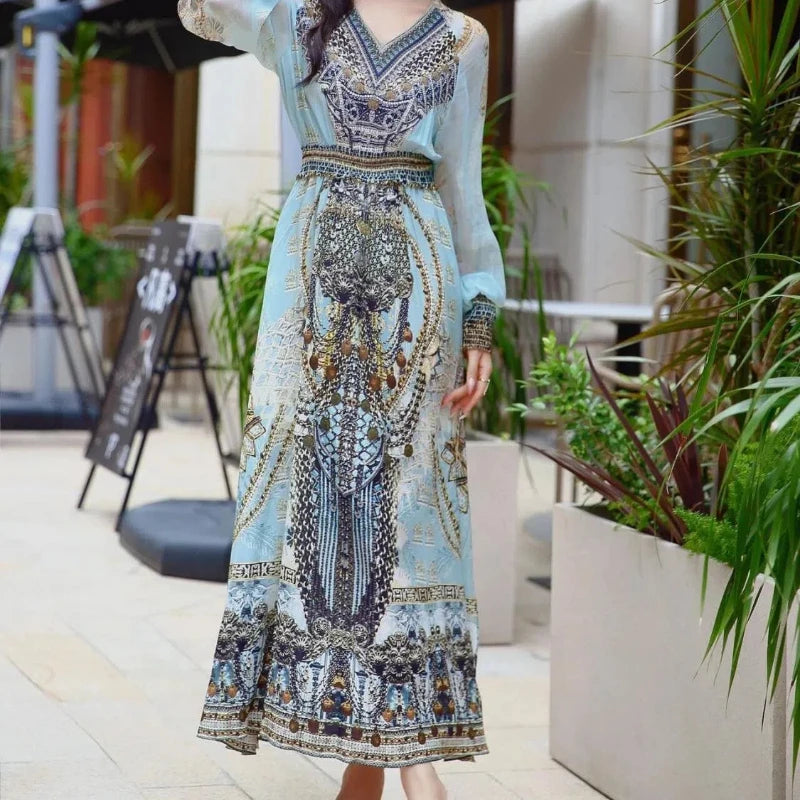 Spring Autumn New V-neck Long Sleeve Fashion Maxi Dress Women High Street Vintage Printing Dresses Elegant All-match Vestidos